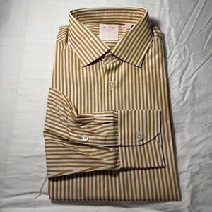 Thomas Pink Men's Button Down Dress Shirt w/ Golden Brown & White Stripes Sz 15